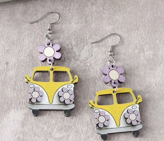 &nbsp;Cute Retro School Bus and Flower Wooden Earrings