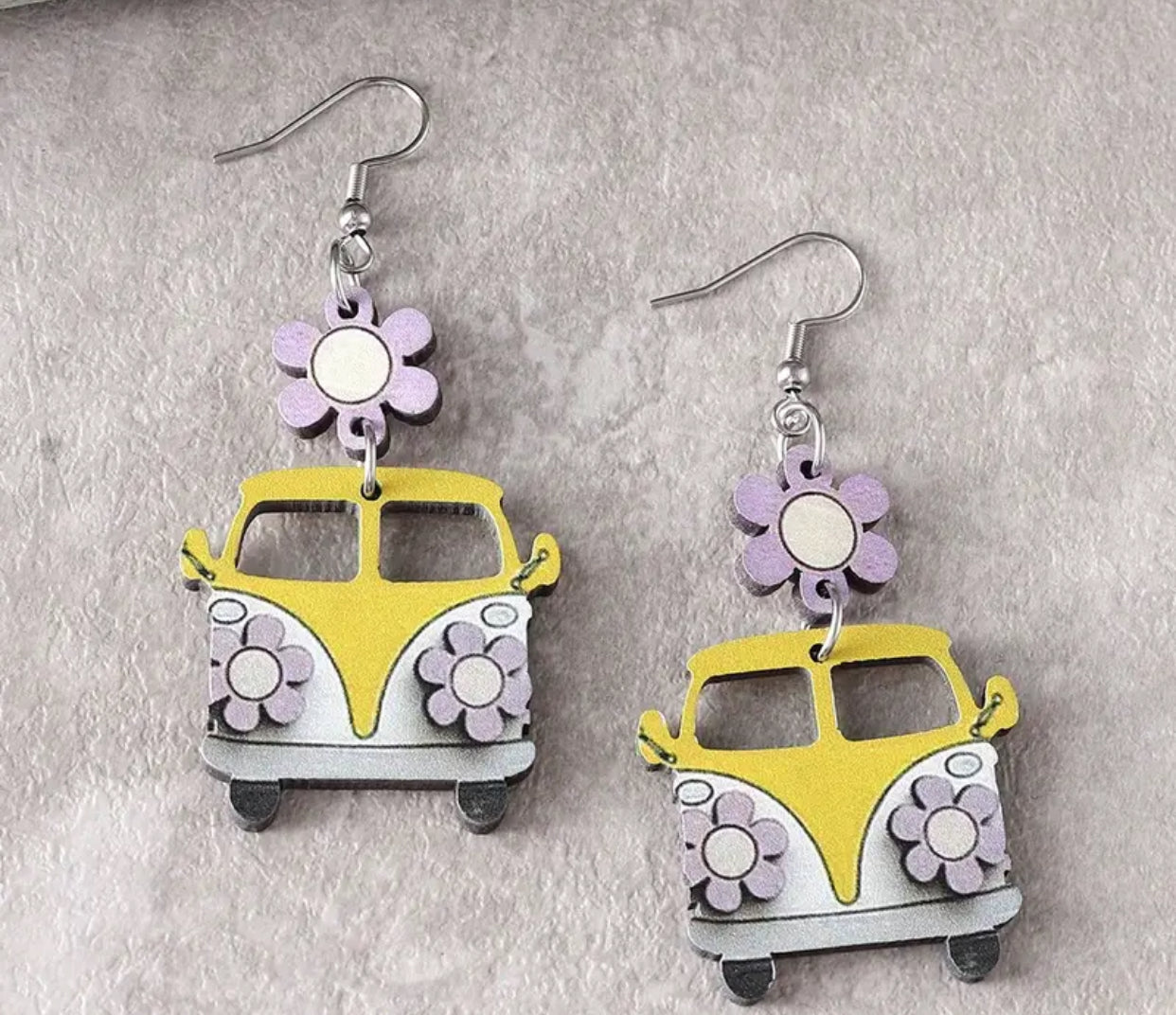 &nbsp;Cute Retro School Bus and Flower Wooden Earrings