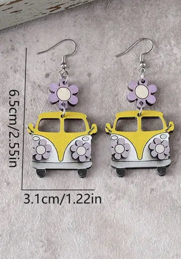 &nbsp;Cute Retro School Bus and Flower Wooden Earrings