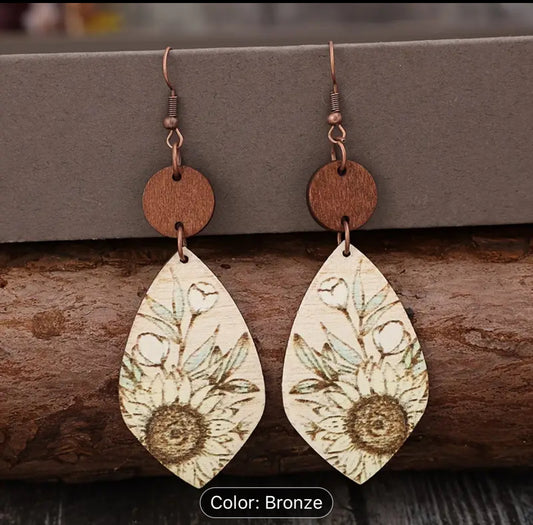 Bohemian Floral Wooden Drop Earrings | Plant Enthusiasts' Rustic Copper Tone, Pastoral Style Dangle Hook Jewelry for Women