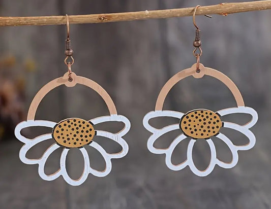 Artisan Crafted, Boho-Chic Daisy Cutout Wooden Earrings - Vintage Style, Perfect for Everyday & Vacation Wear